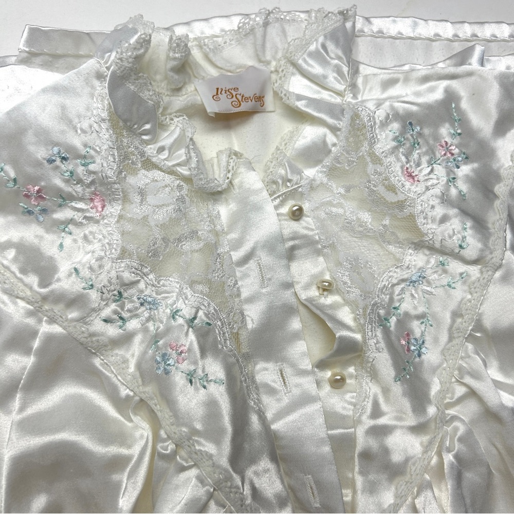 Vintage 80s Elise Stevens Women's White Satin Nightgown Full Length Lace